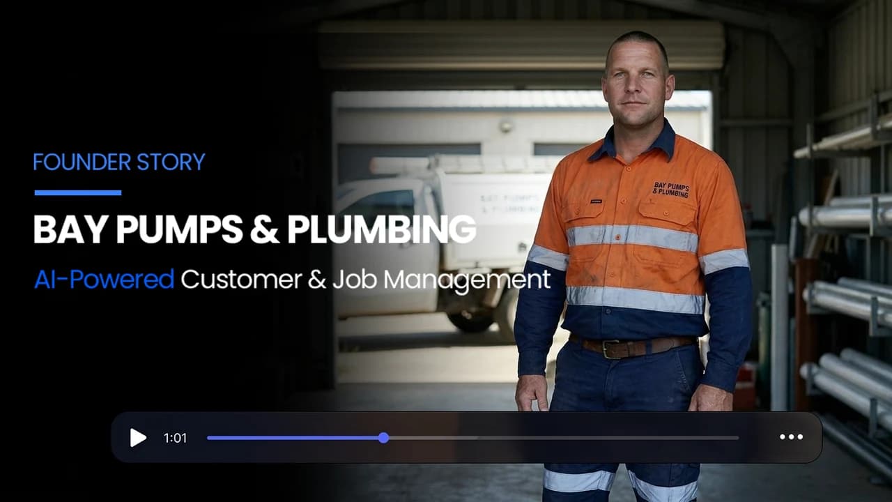 Founder-story poster for an Australian field-service business: the owner in high-visibility workwear outside the van bay, titled AI-Powered Customer and Job Management.