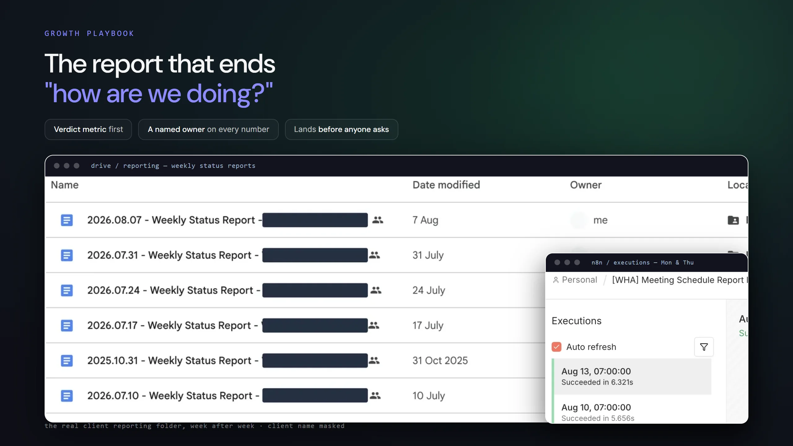 The weekly reporting cadence — pick the verdict metric, name an owner, and the report lands Monday 7am, automated.
