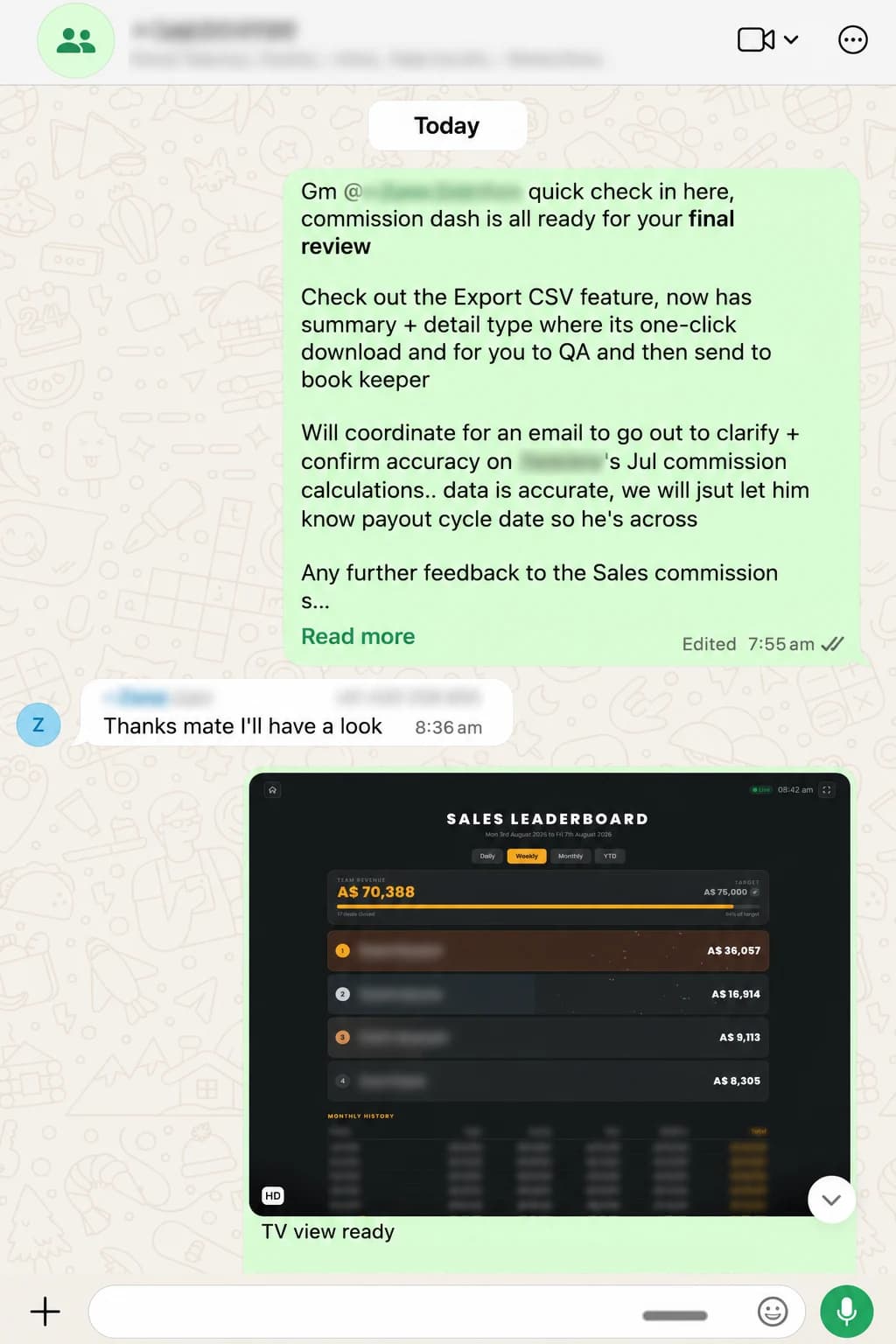 A team message sending the commission dashboard for final review, describing the one-click summary and detail CSV export for finance, with the leaderboard shared underneath. Names and contact details are obscured.