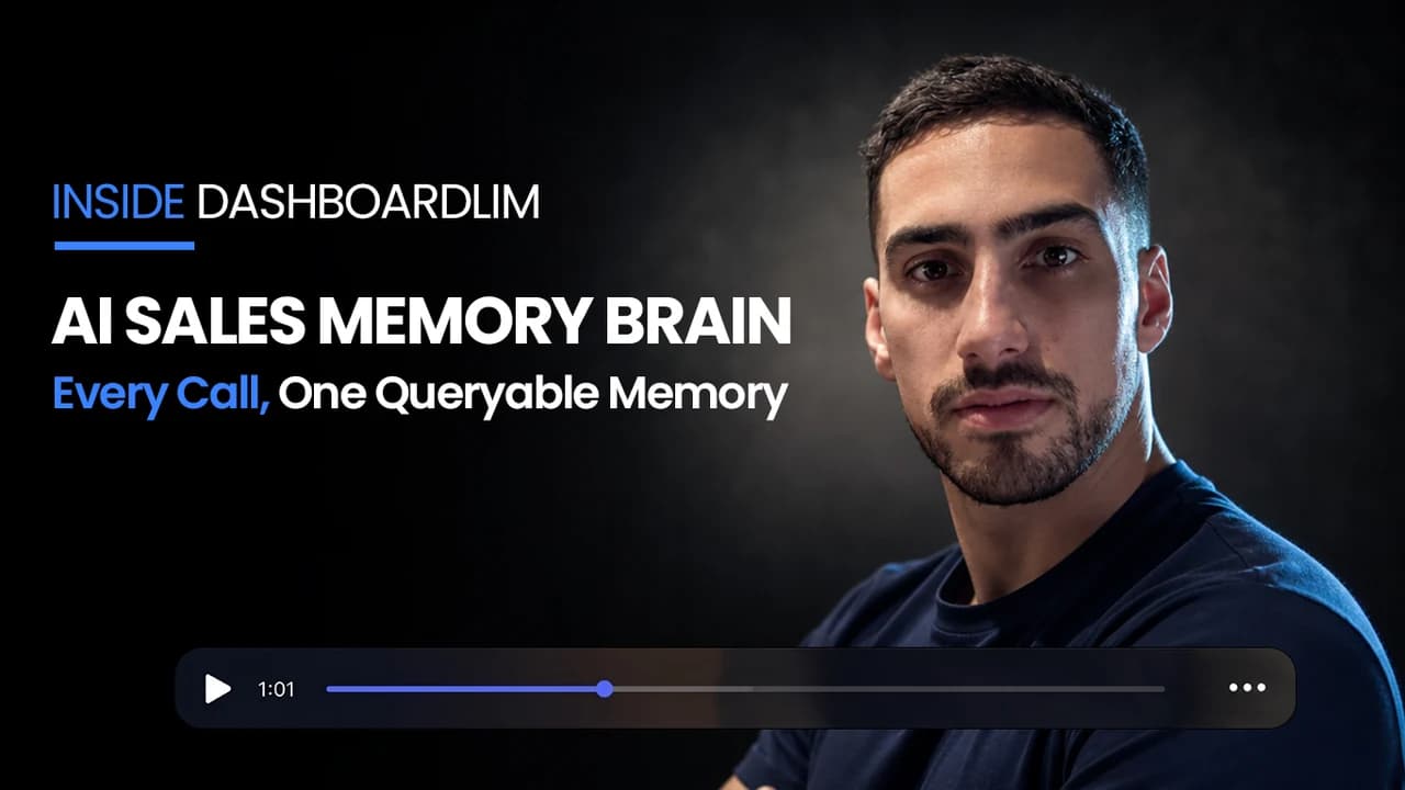 Cover for the AI Sales Brain walkthrough: the client on camera beside the title "AI Sales Memory Brain, Every Call, One Queryable Memory", with a play bar across the foot of the frame.