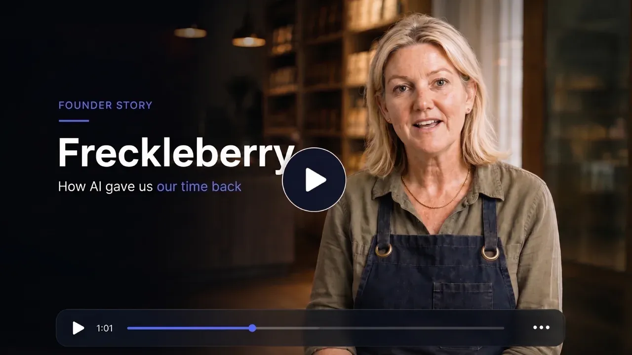 Founder story video poster for Freckleberry: the founder in her shop with a play button, titled Freckleberry, How AI gave us our time back.