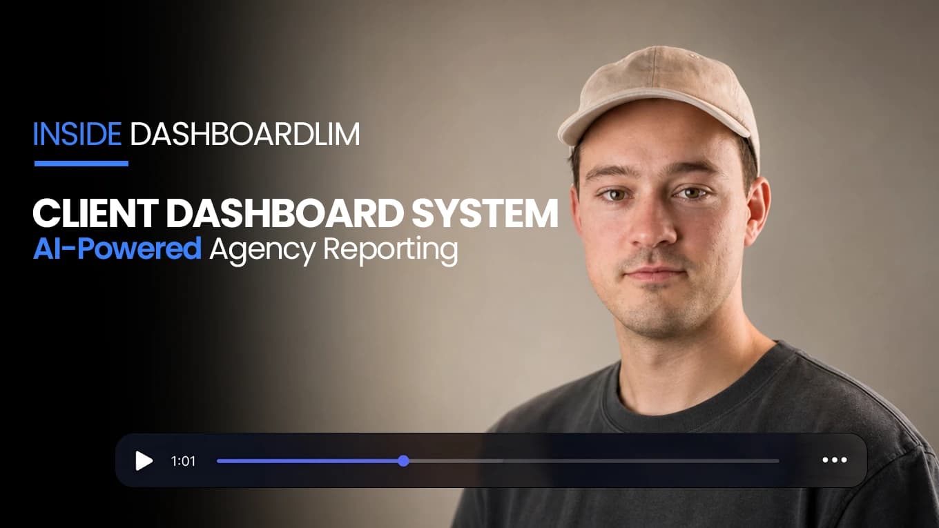 The cover of the Client Dashboard System walkthrough. A dark title panel on the left reads INSIDE DASHBOARDLIM above CLIENT DASHBOARD SYSTEM and AI-Powered Agency Reporting; a presenter in a light cap speaks to camera on the right; a video progress bar with a one minute one second running time sits across the bottom.