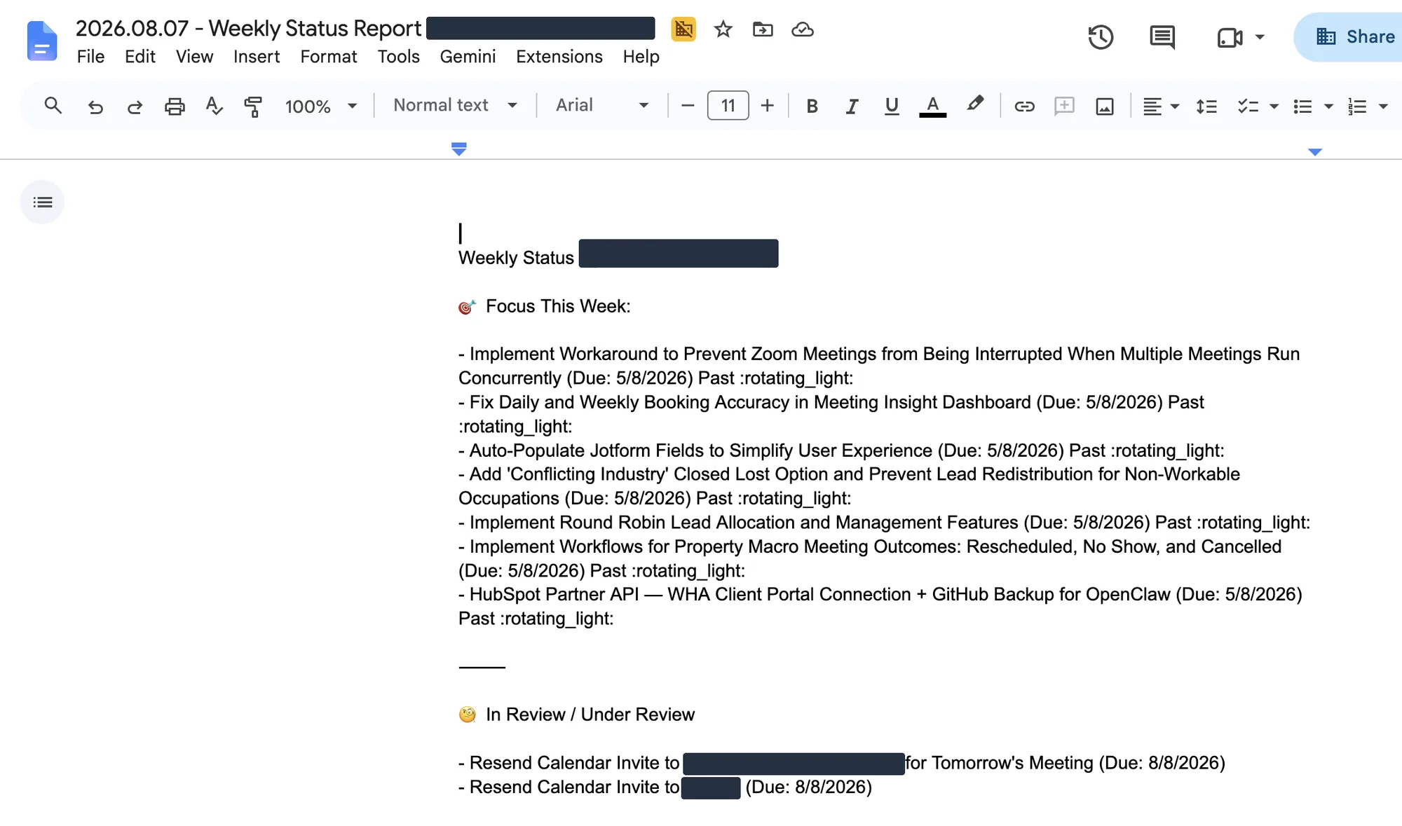 A real weekly status report open in Google Docs, showing Focus This Week with overdue items flagged Past and an In Review section, with names and the client name redacted.