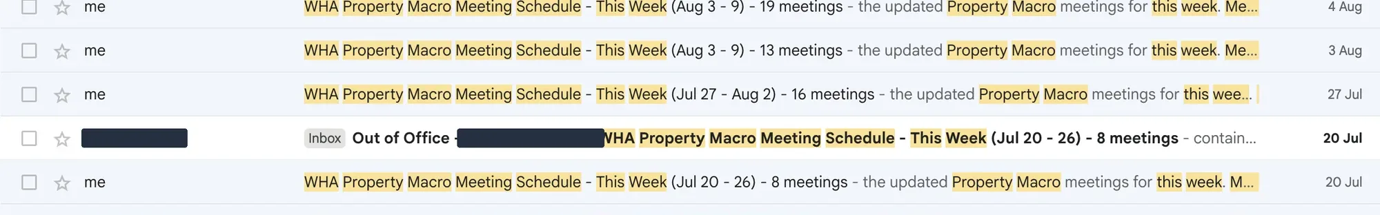 Gmail sent-mail list showing the same weekly meeting schedule email sent week after week, with the week of 3 to 9 August at the top, first sent Monday with thirteen meetings and sent again Tuesday with nineteen.