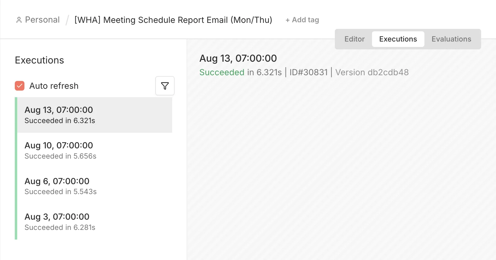 The n8n executions panel for the meeting schedule workflow, showing runs on a Monday and Thursday rhythm, each marked succeeded in about six seconds.