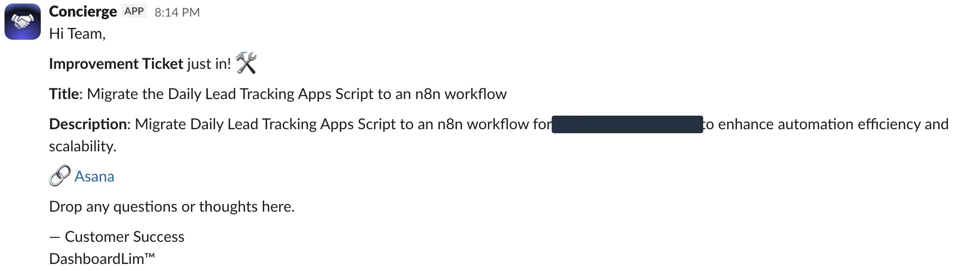 A Slack message from the Concierge bot confirming an improvement ticket was logged, with the ticket title, description and a link to the task in Asana.
