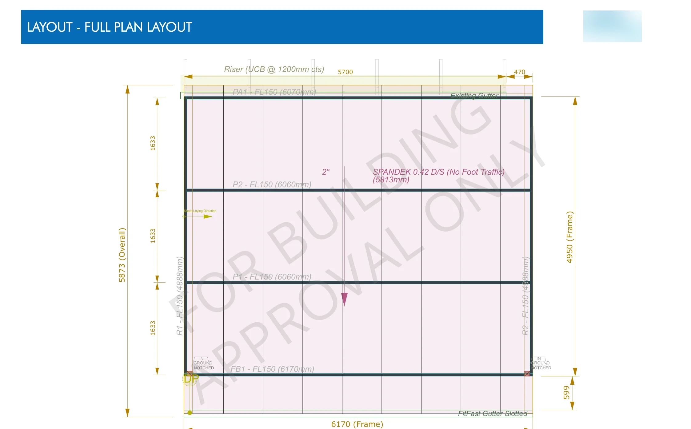 The full plan layout page of the supplier's design drawing, a roof plan with frame sizes and overall dimensions of 6,170 by 5,873, under a for building approval only watermark.