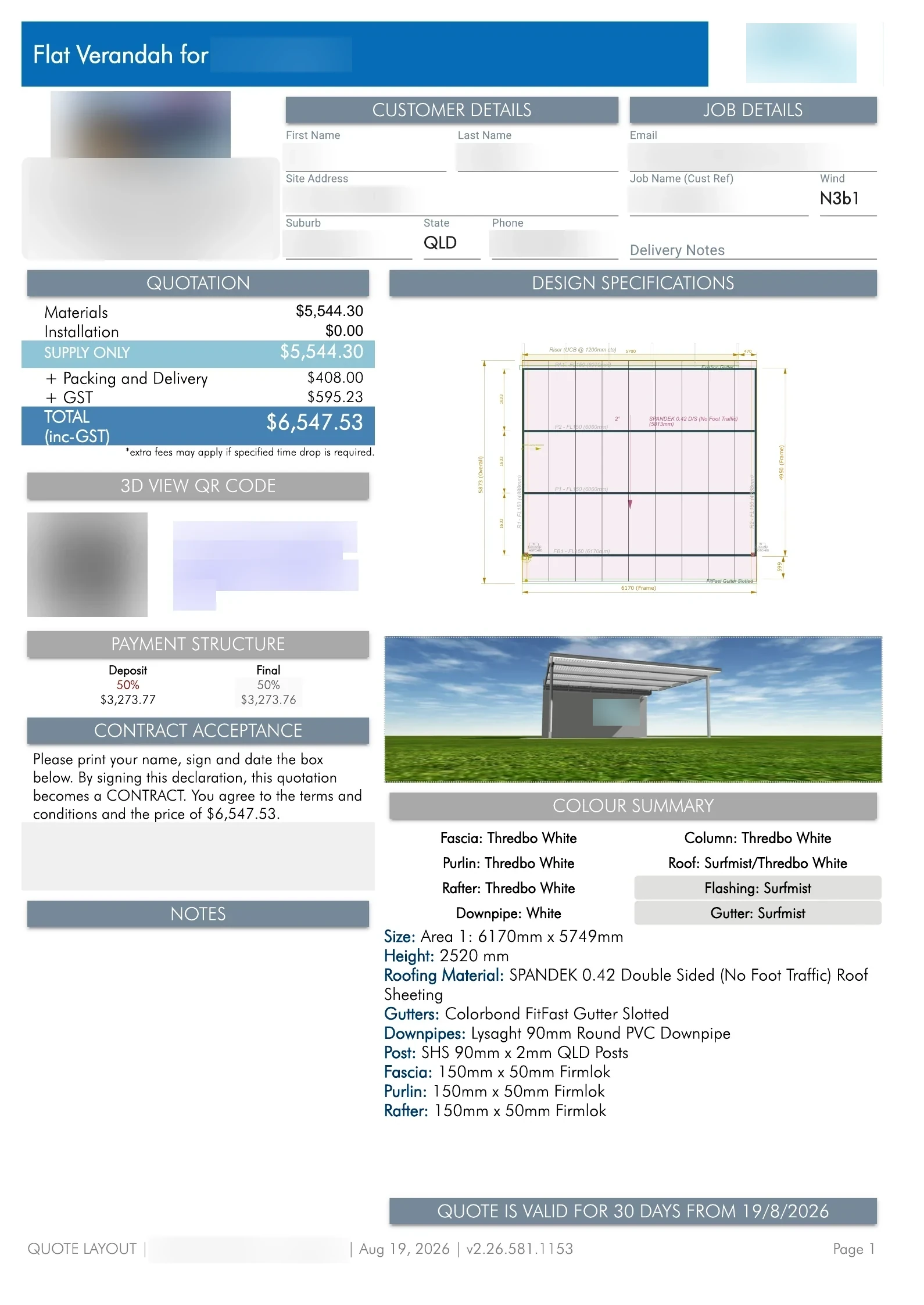 Page one of the supplier's design drawing for a flat verandah. Quotation totals of 5,544.30 dollars supply only and 6,547.53 dollars including GST, a plan thumbnail, a 3D render, a colour summary and notes on size, roofing, gutters, downpipes, posts and member sizes.