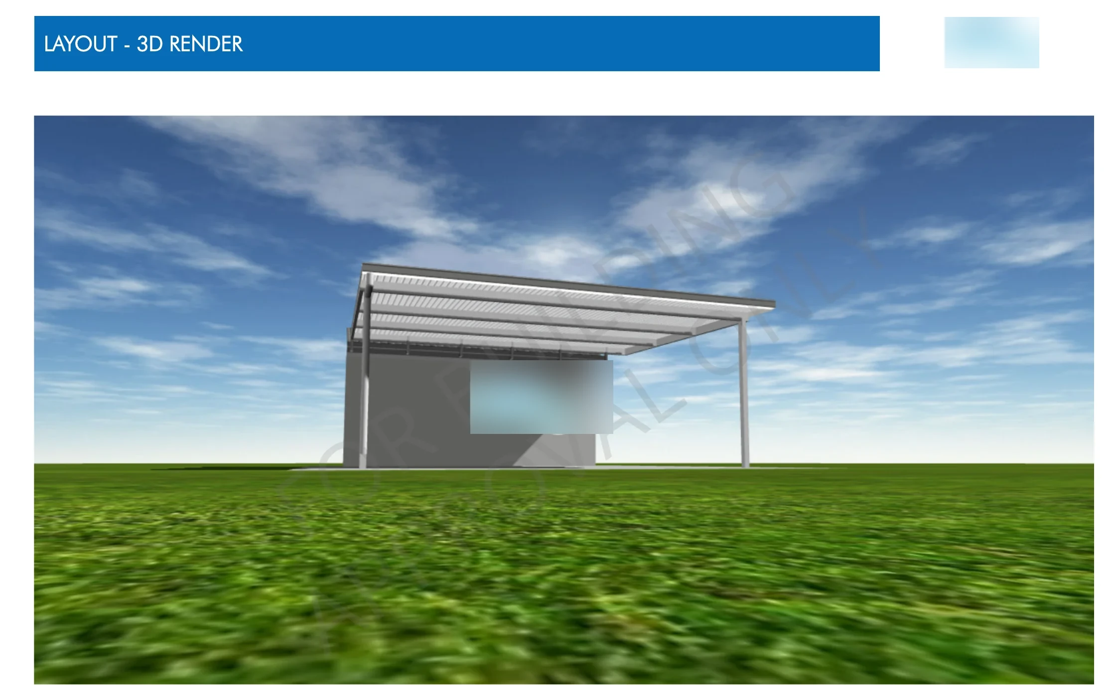 The supplier drawing's 3D render page, an attached skillion patio on grass in front of a wall.