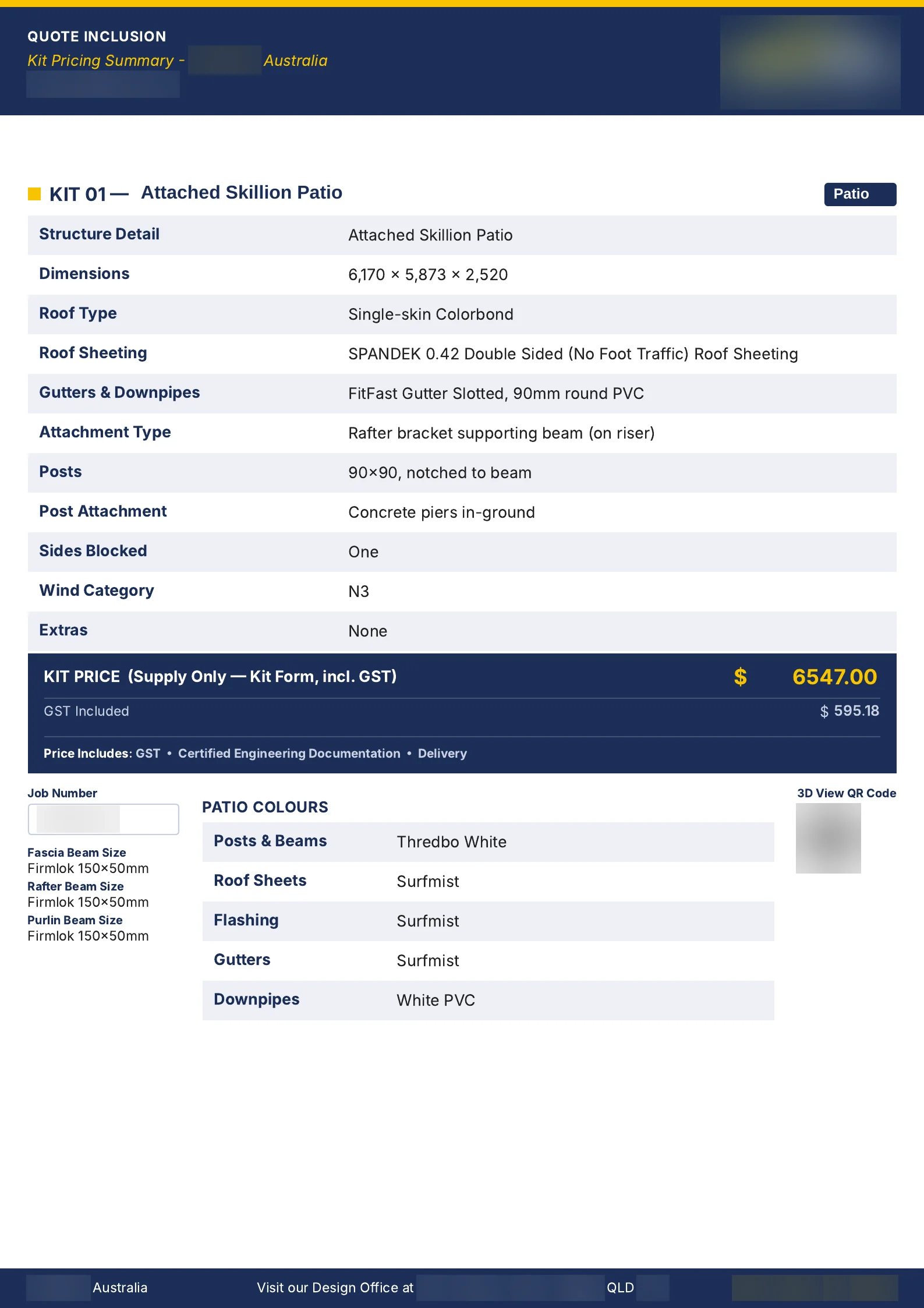 The printed quote's kit page. Kit 01, an attached skillion patio, with every specification row, a kit price of 6,547 dollars including GST and the patio colours.