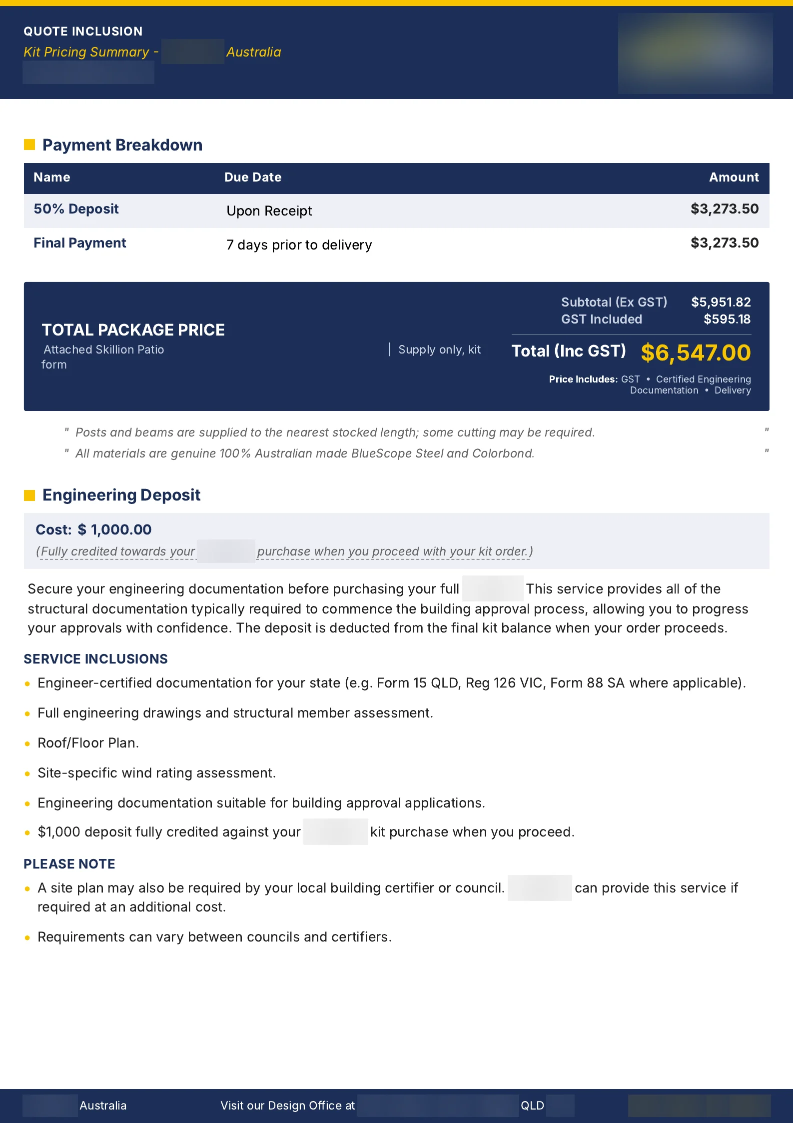 The printed quote's payment page. A 50 percent deposit and final payment of 3,273.50 dollars each, a total package price of 6,547 dollars including GST, and the engineering deposit section with its service inclusions.