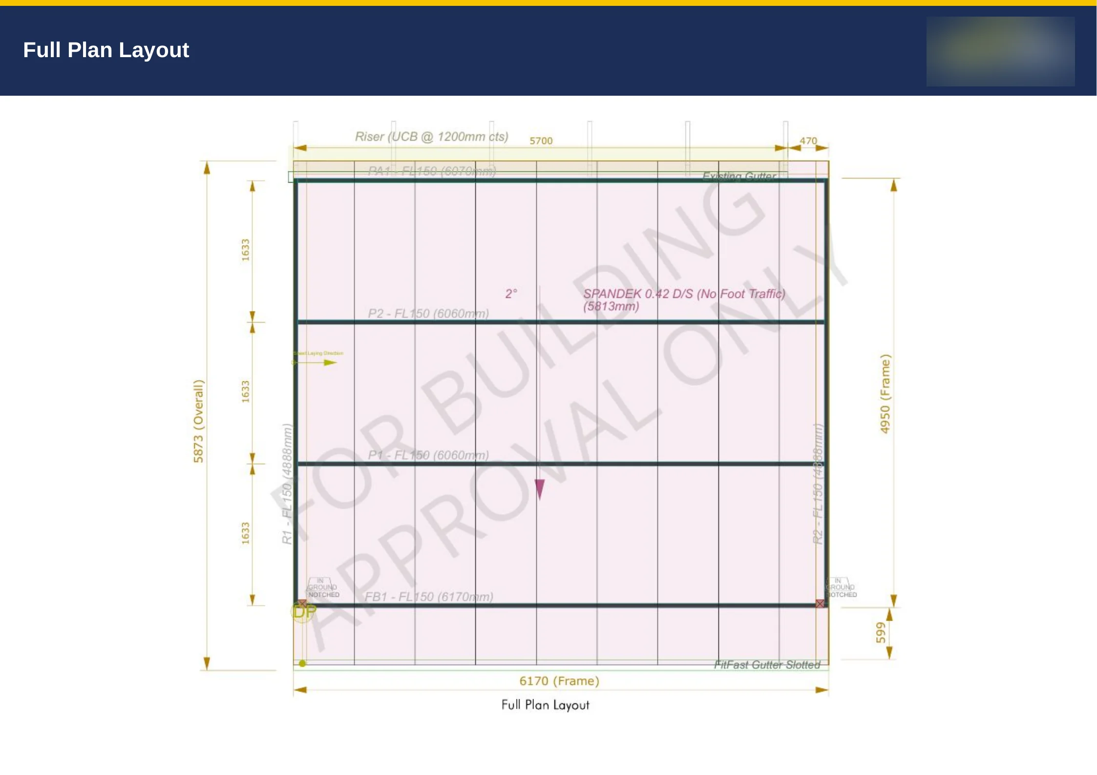 The printed quote's full plan layout page, the roof plan from the drawing under the quote's own header.