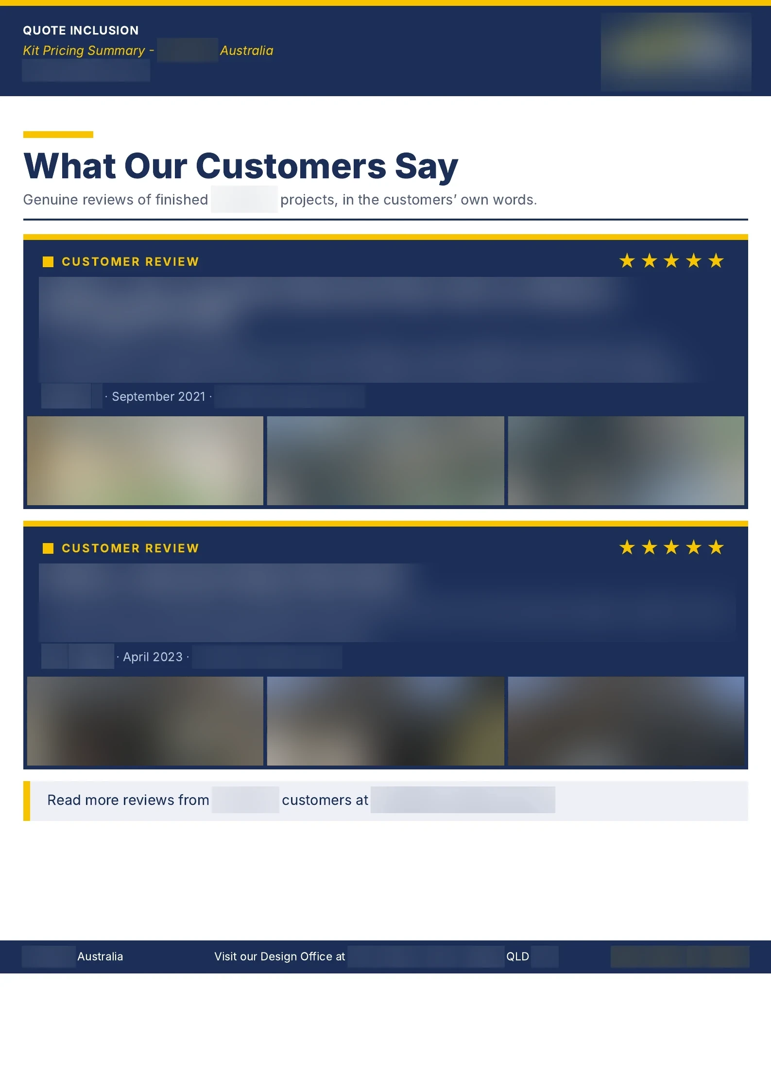 The printed quote's What Our Customers Say page. Two five-star customer reviews of attached patios, each with three photos of the finished project.