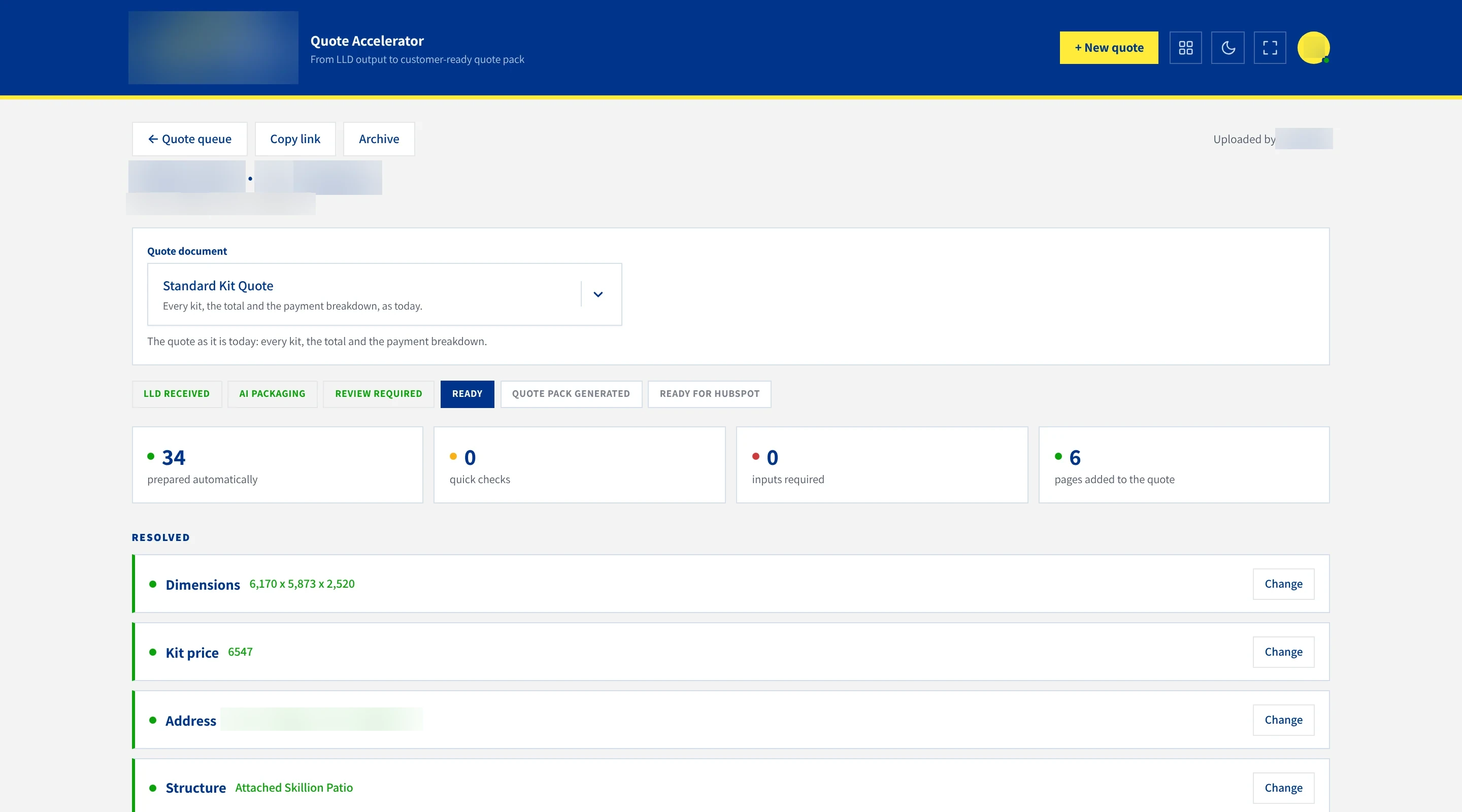The job at ready, with 34 details prepared automatically, no quick checks and no inputs left, and dimensions, kit price, address and structure listed as resolved, each with a change button.