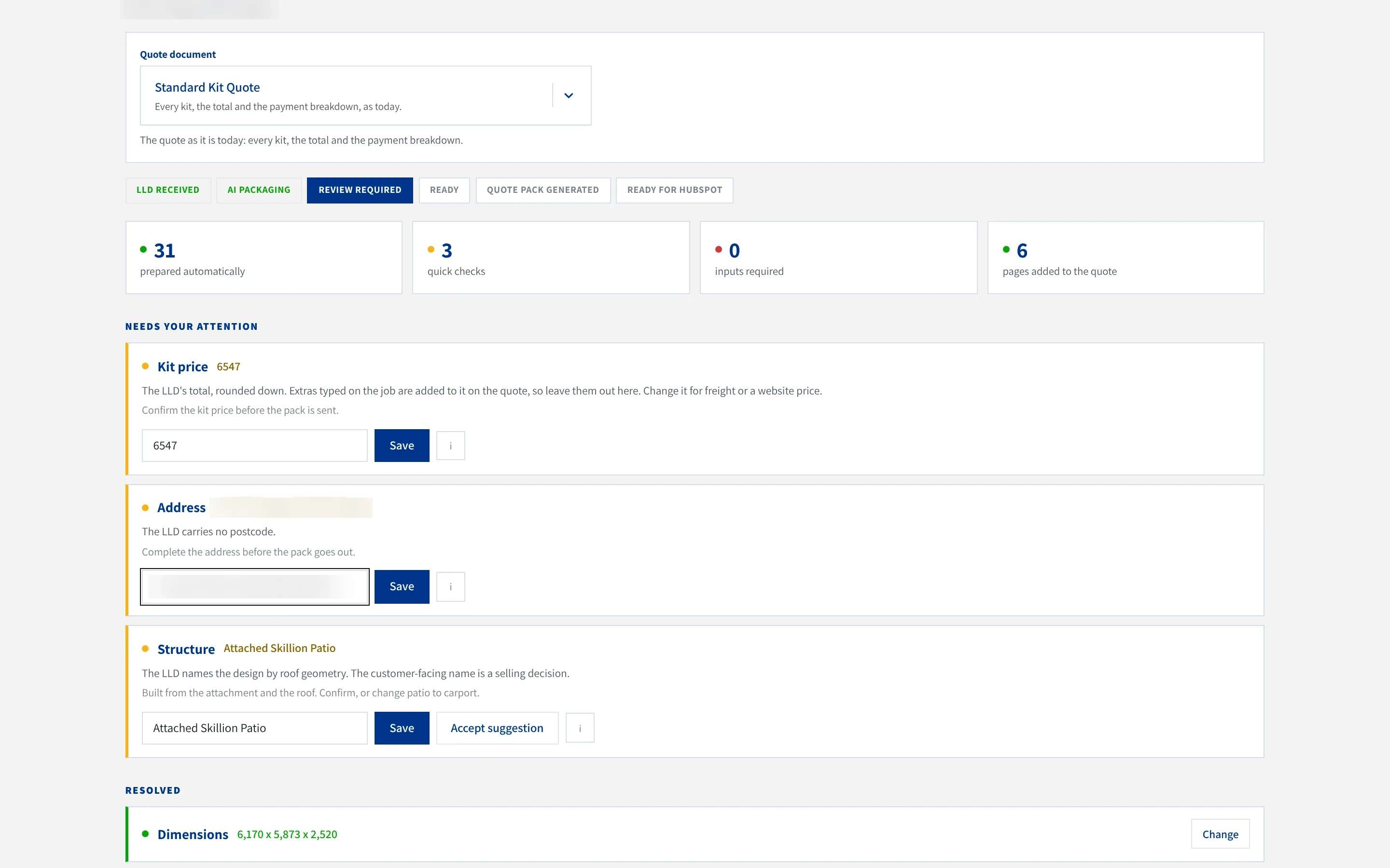 The same job with 31 details prepared and 3 quick checks left. The dimensions are resolved; the address check explains the drawing carries no postcode while the rep types it into the field before saving.