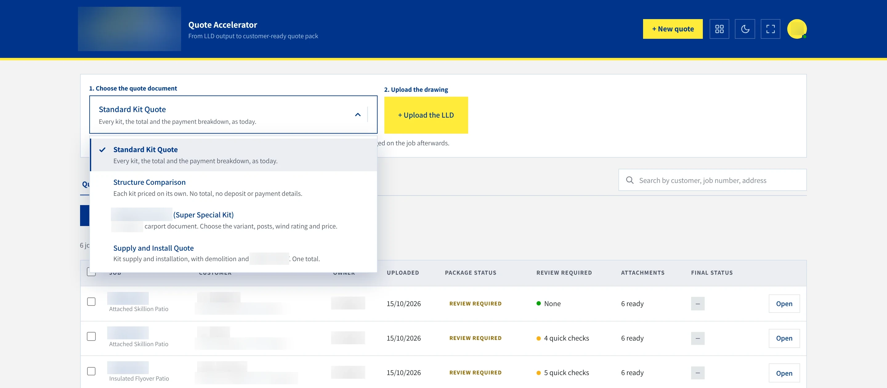 Step one, choose the quote document, open on four options. Standard Kit Quote, Structure Comparison, a carport kit and Supply and Install Quote, each with a one-line description, beside step two, upload the LLD.