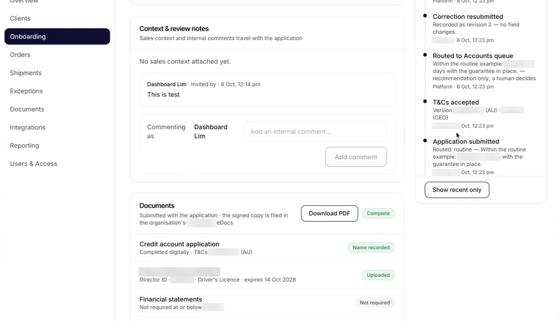 The lower half of an application record. Context and review notes hold an internal comment from the person who sent the invite, with a box to add another. Documents lists the credit account application, a director's licence and the guarantor's licence as uploaded, with financial statements not required. An audit timeline on the right records a correction, the routing to the Accounts queue, the terms being accepted and the application being submitted.