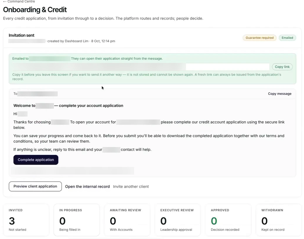 Invitation sent, tagged Guarantee required and Emailed. A green panel confirms the address it went to and offers Copy link. Below it, a preview of the welcome email asks the client to complete their credit account application through the secure link, with Copy message, Preview client application and Open the internal record.