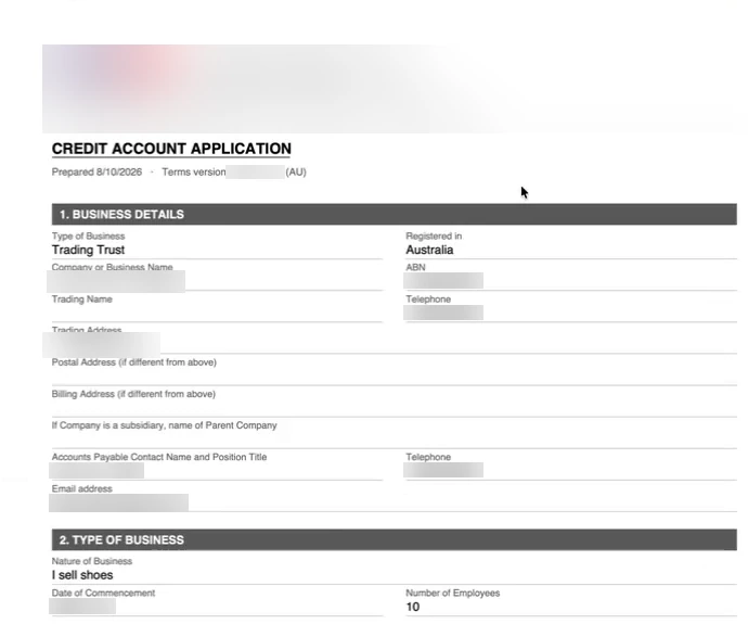 The completed credit account application as a PDF, with its terms version, then numbered sections for business details and type of business, filled from the online form.