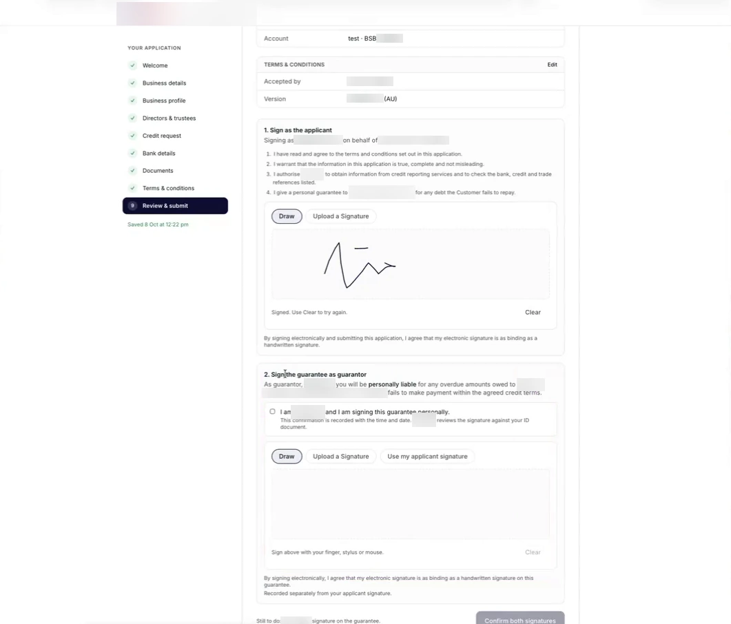 The Review and submit step. Section 1, Sign as the applicant, lists four declarations above a drawn signature. Section 2, Sign the guarantee as guarantor, has its own personal confirmation, its own signature pad with Draw, Upload a Signature and Use my applicant signature, and a Confirm both signatures button.