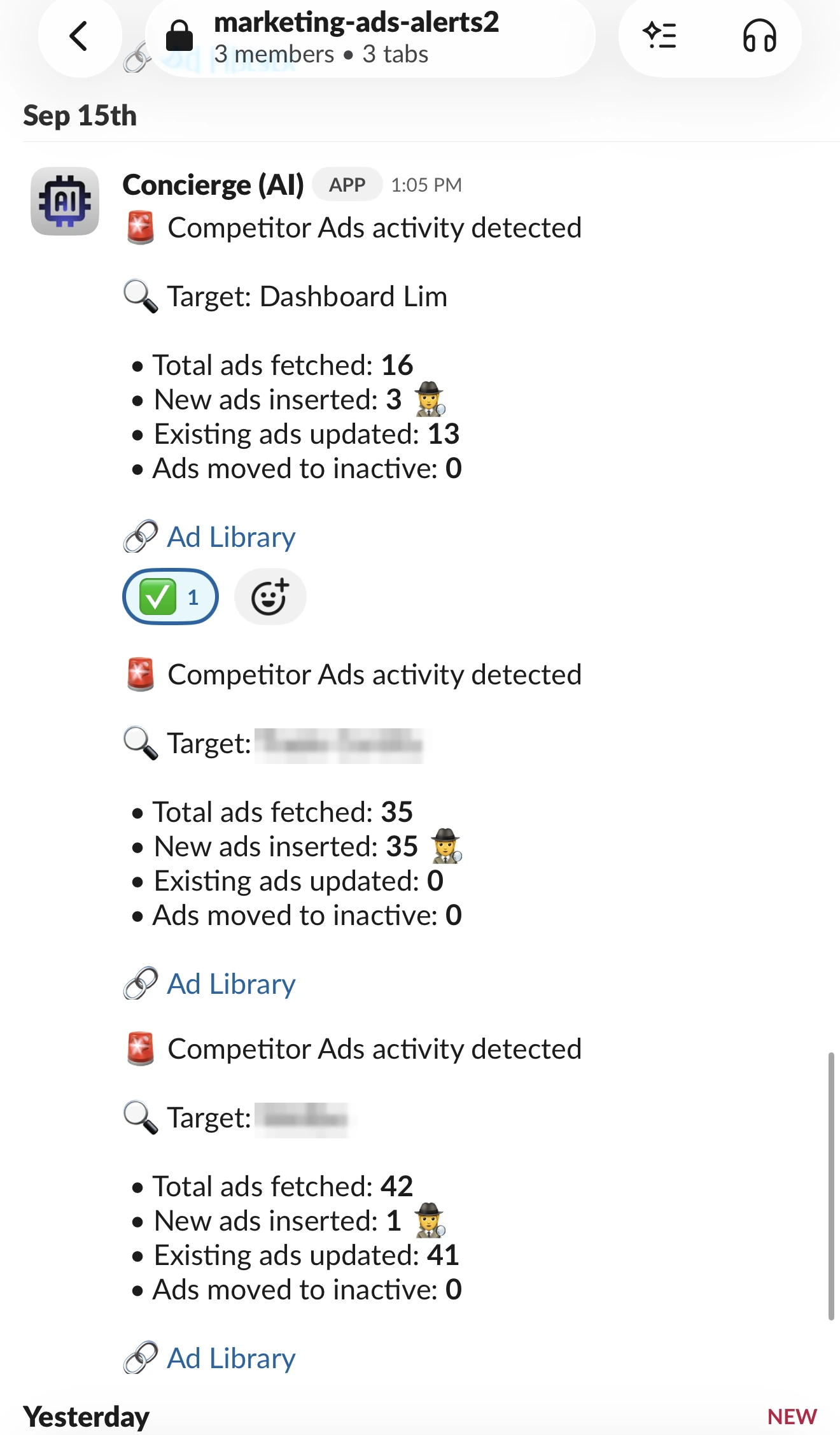 The private Slack channel marketing-ads-alerts2 on a phone. Three messages from the Concierge app reading Competitor Ads activity detected, each with the same four counts. The Dashboard Lim run reads 16 fetched, 3 inserted, 13 updated and 0 moved to inactive. A second run reads 35 fetched and 35 inserted, a brand's first pull. A third reads 42 fetched, 1 inserted and 41 updated.