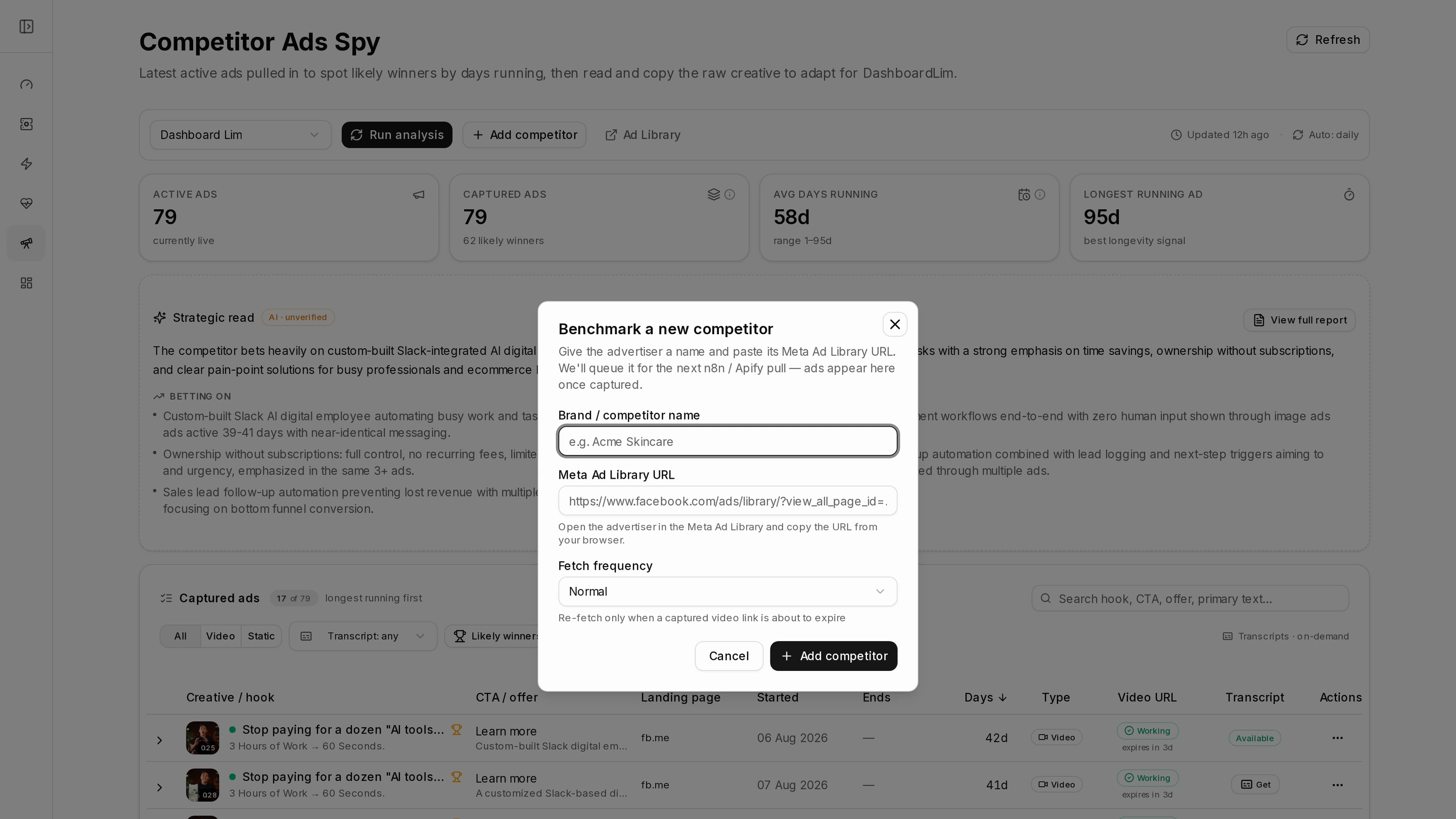 The Benchmark a new competitor dialog open over the dashboard, asking for a brand or competitor name and a Meta Ad Library URL, with a fetch frequency set to Normal and a note that the brand will be queued for the next pull so its ads appear once captured.