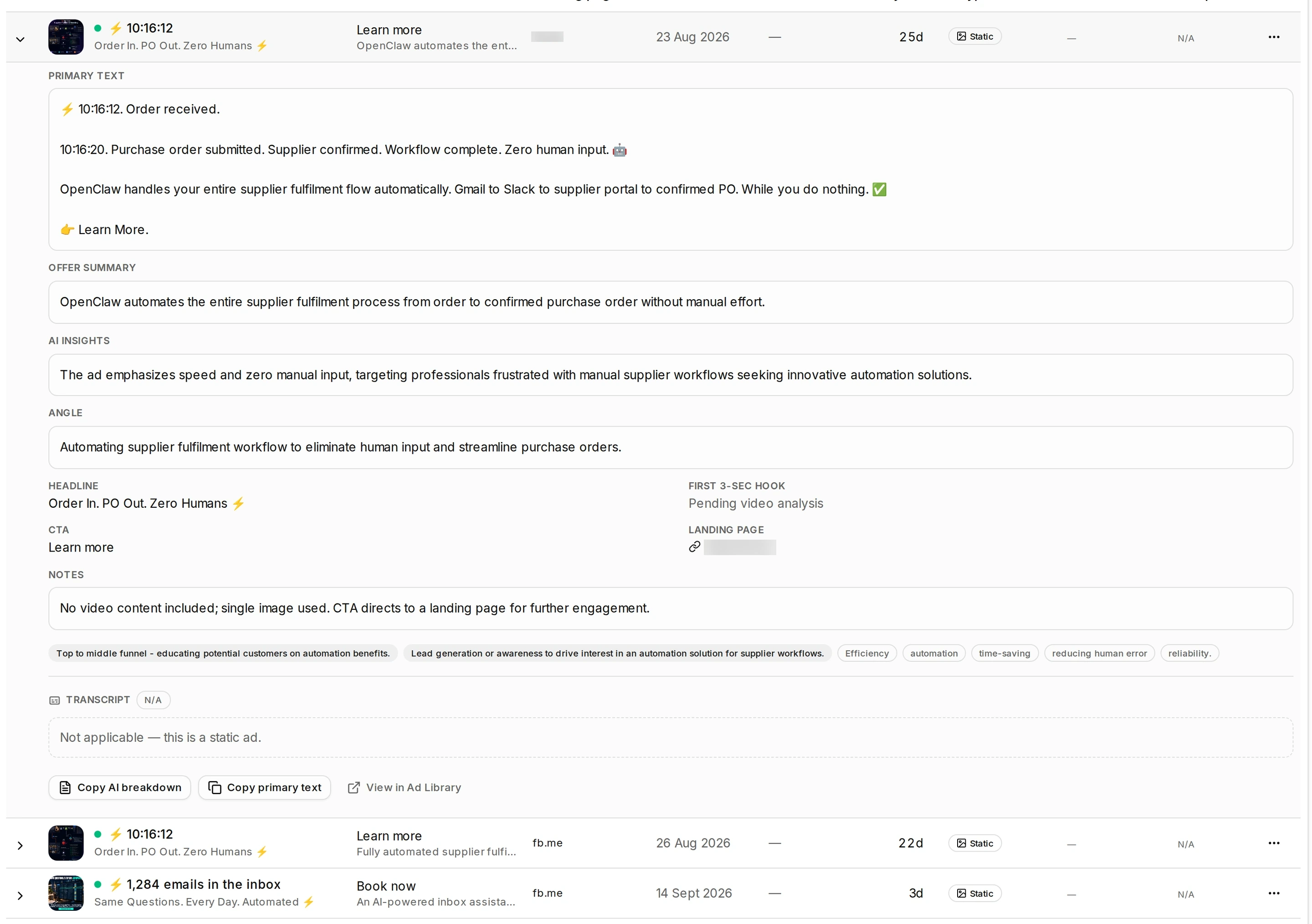 An expanded row for a static image ad running 25 days. The type column reads Static, the video URL column is empty and the transcript column reads N A. The panel carries the primary text, offer summary, AI insights and angle, and a notes line reading no video content included, single image used, CTA directs to a landing page for further engagement. The transcript panel reads not applicable, this is a static ad.