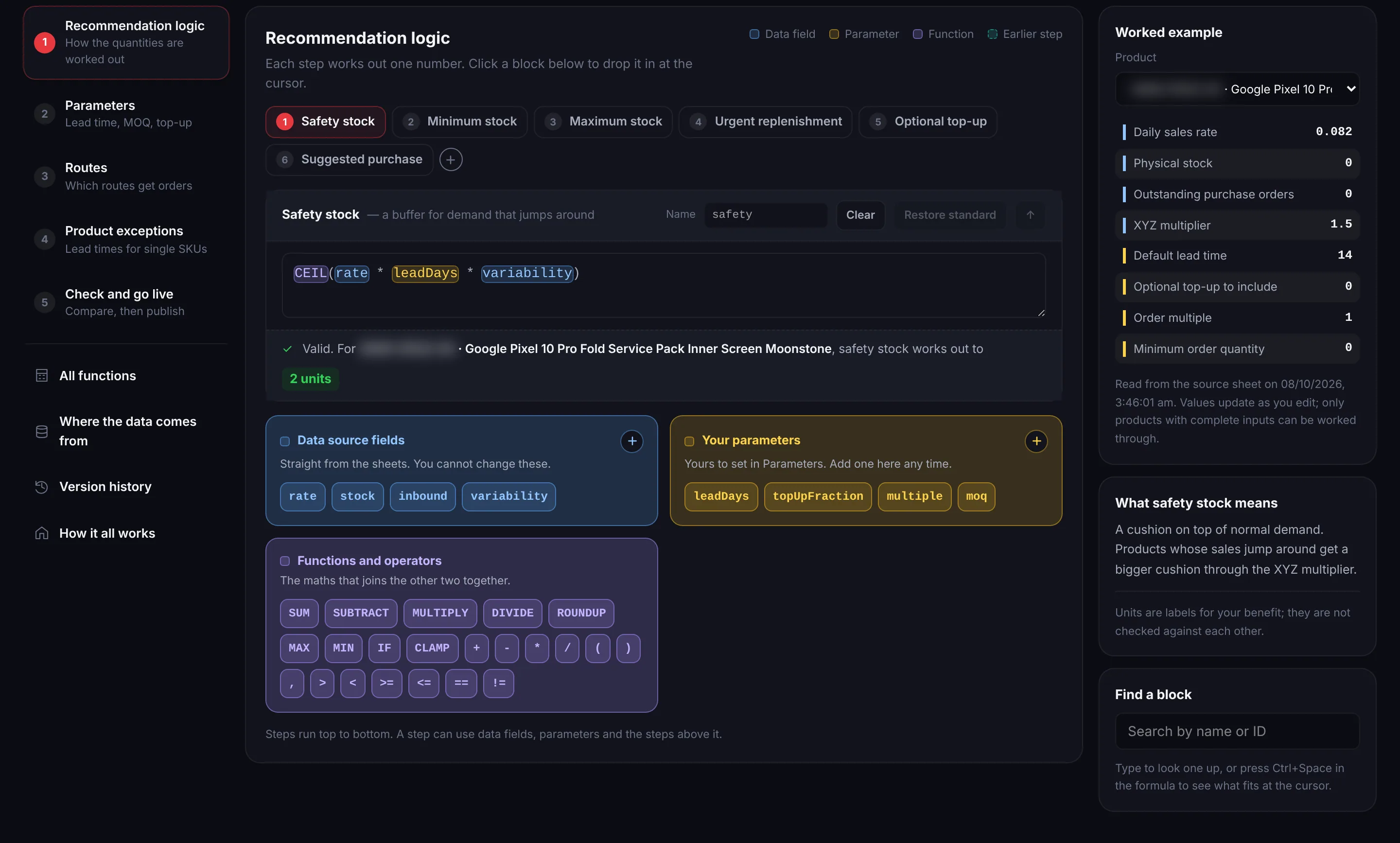 Purchasing Logic and Policy on the Recommendation logic step. The Safety stock formula reads CEIL of rate times leadDays times variability, validated as 2 units for one product, above colour coded blocks for data source fields, parameters, and functions and operators, with a worked example of the product's inputs on the right.
