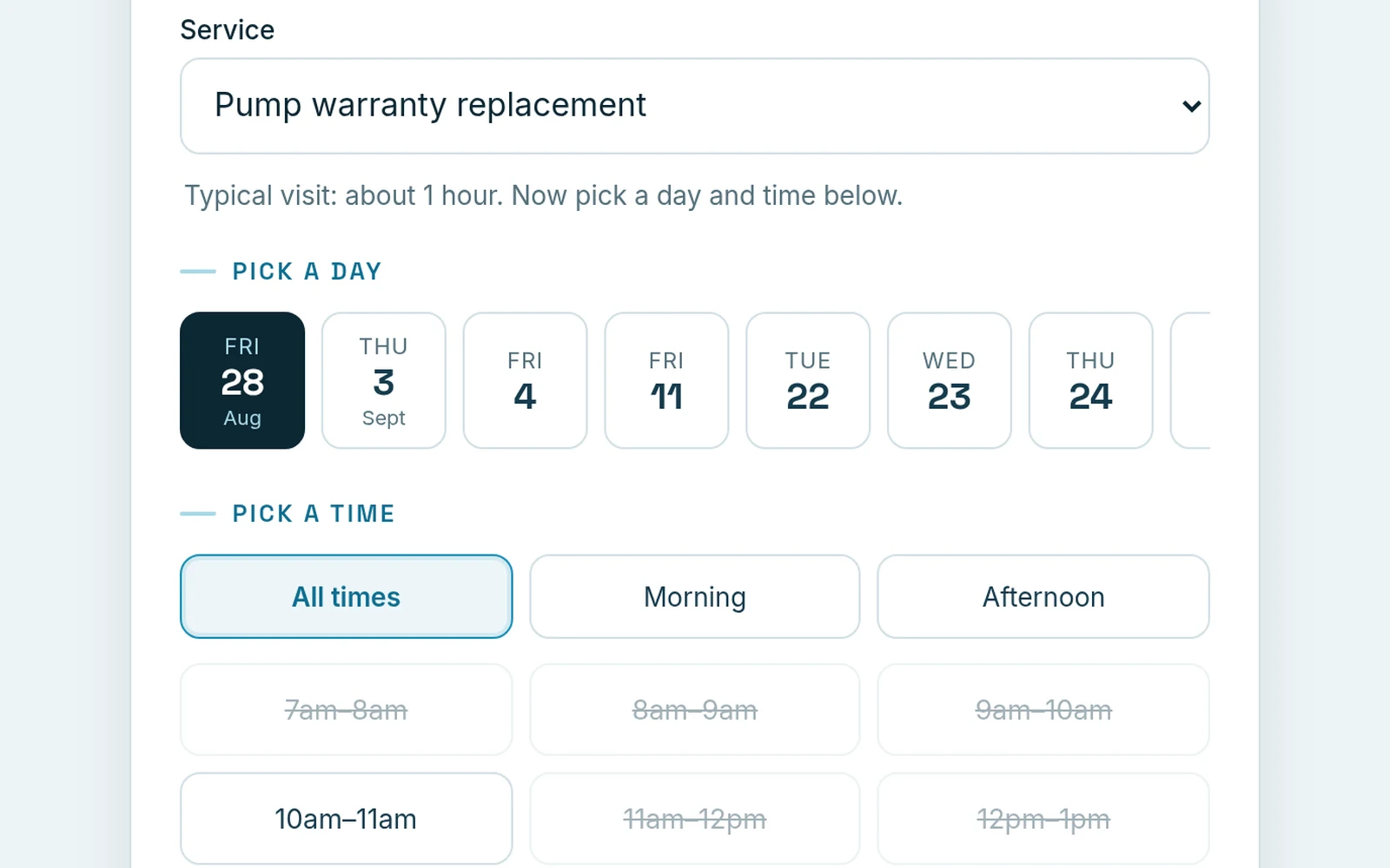 A booking page day picker showing Friday 28 August then jumping to Thursday 3 September, with most hourly slots that day struck through and only 10am to 11am left open.