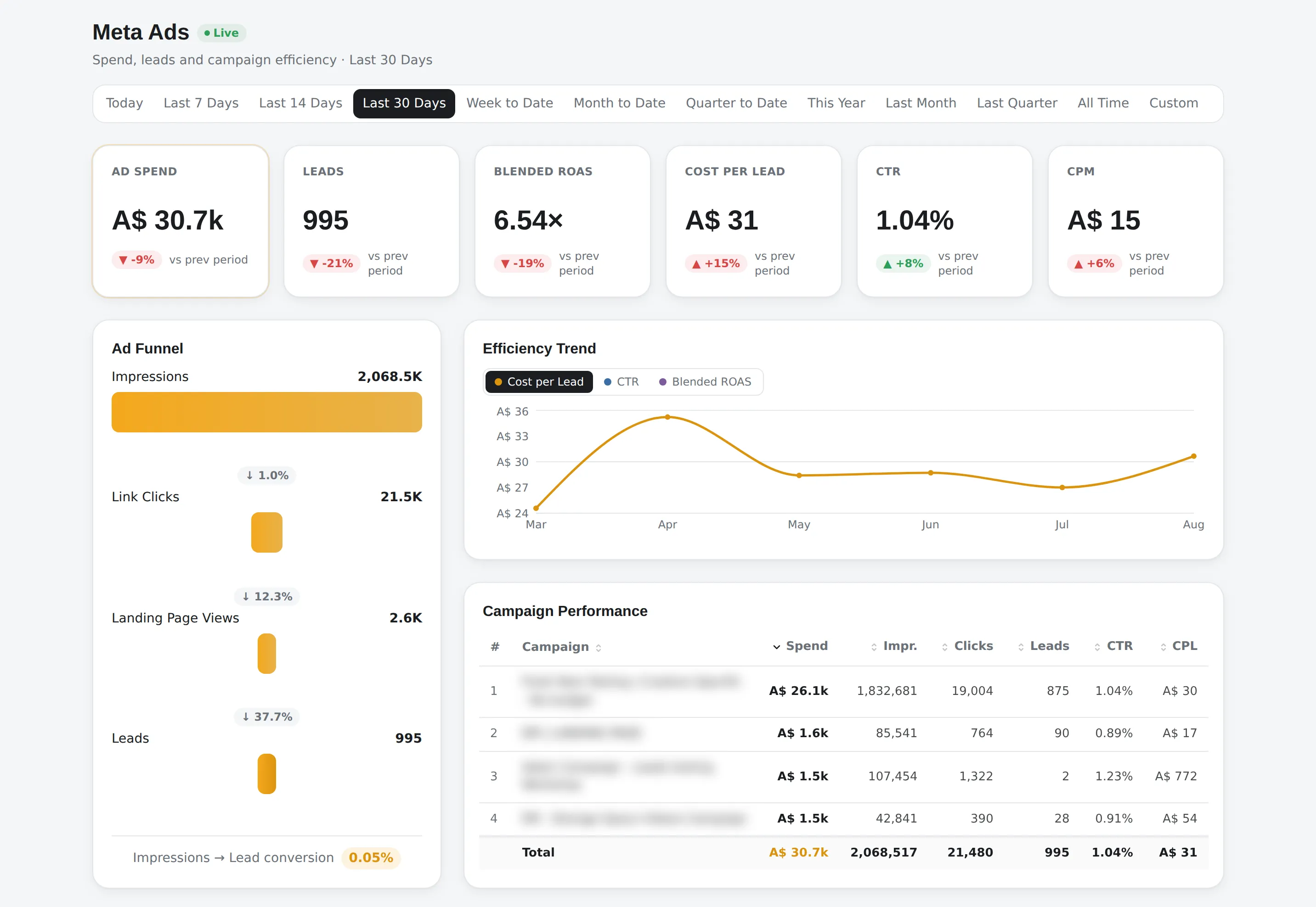 The Meta ads dashboard: spend, leads, blended ROAS, cost-per-lead, CTR and CPM tiles, an ad funnel from impressions to leads, an efficiency trend chart and a ranked campaign table with spend, impressions, clicks, leads, CTR and cost-per-lead. Campaign names are obscured.