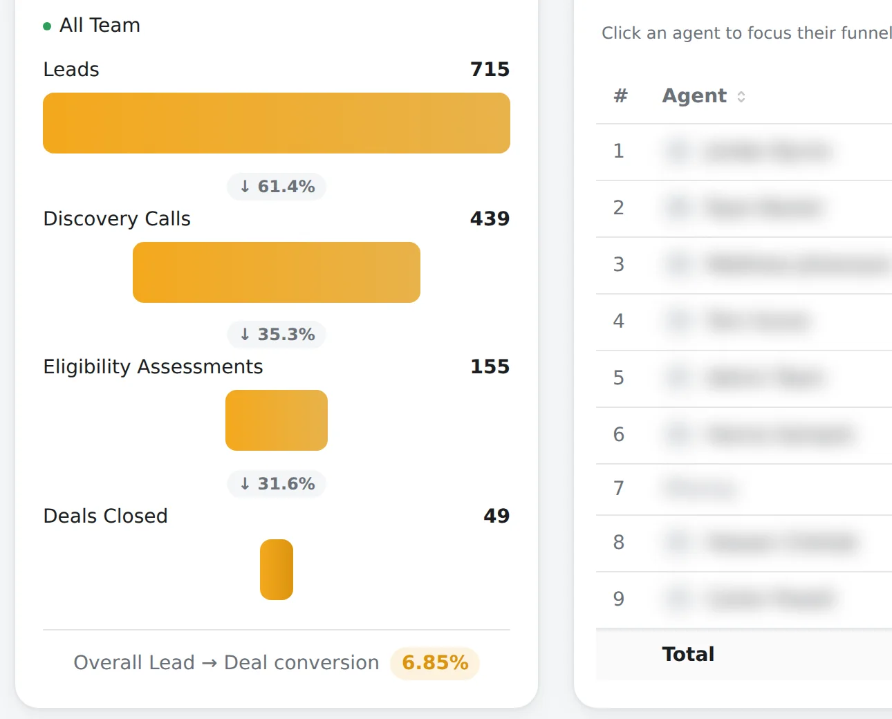 Sales funnel: leads to discovery calls to eligibility assessments to deals closed, with the count and drop-off at each stage, close and conversion rates, and a per-rep breakdown table of revenue, leads, discovery calls, assessments and deals. Rep names are obscured.
