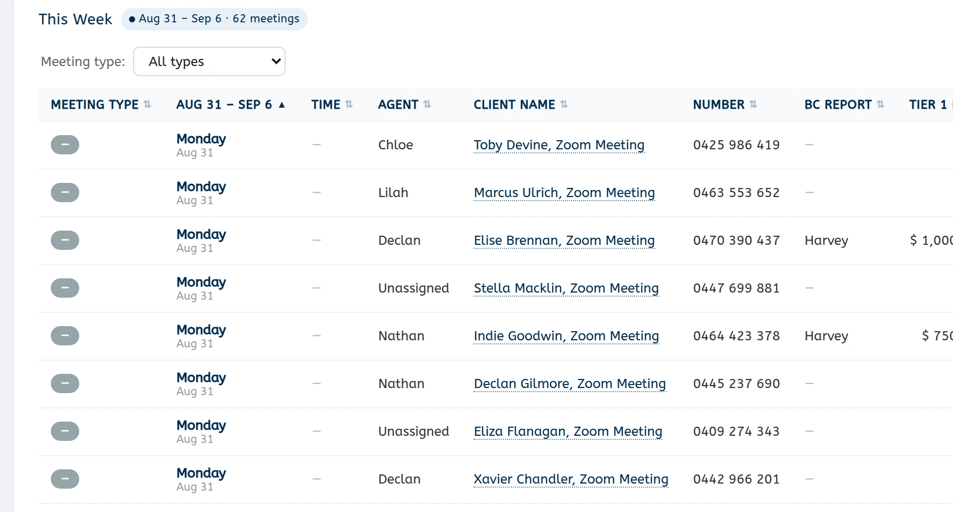 The Meeting Schedules week view — 62 meetings booked for 31 August to 6 September. Each row carries a colour-coded meeting type, the day, the agent running it, the client, a contact number and the borrowing-capacity columns, with tier 1 figures such as $1,000,000 and $750,000 against the property macro rows.