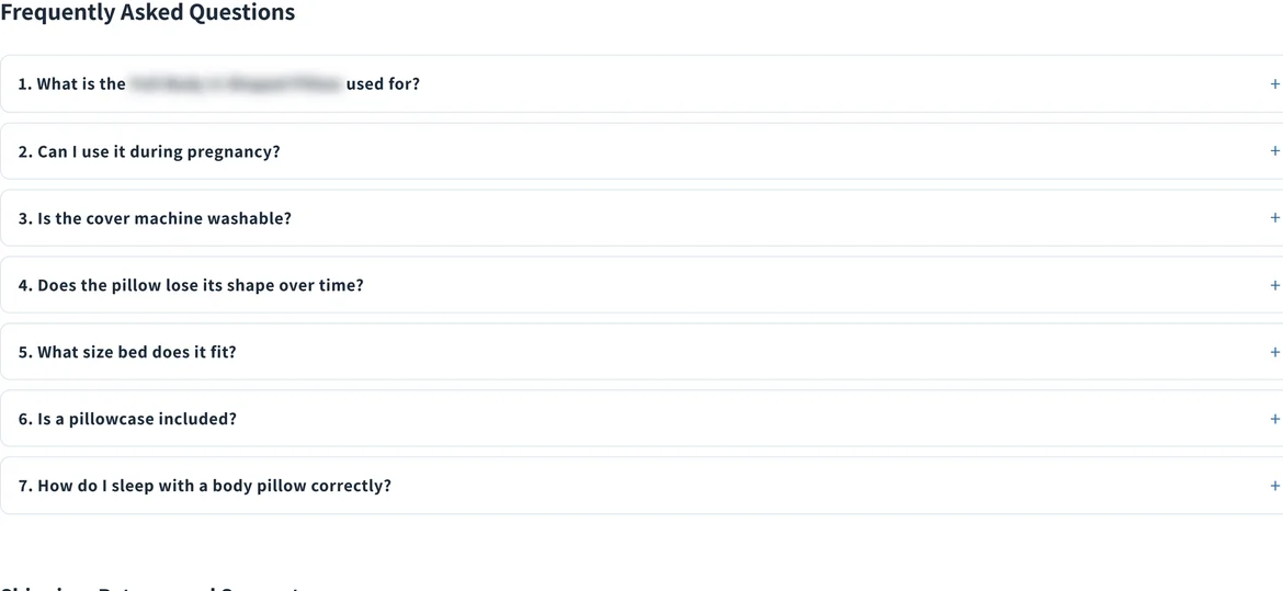 Live FAQ block on a rewritten product page: seven numbered plain question accordion rows, product name masked.