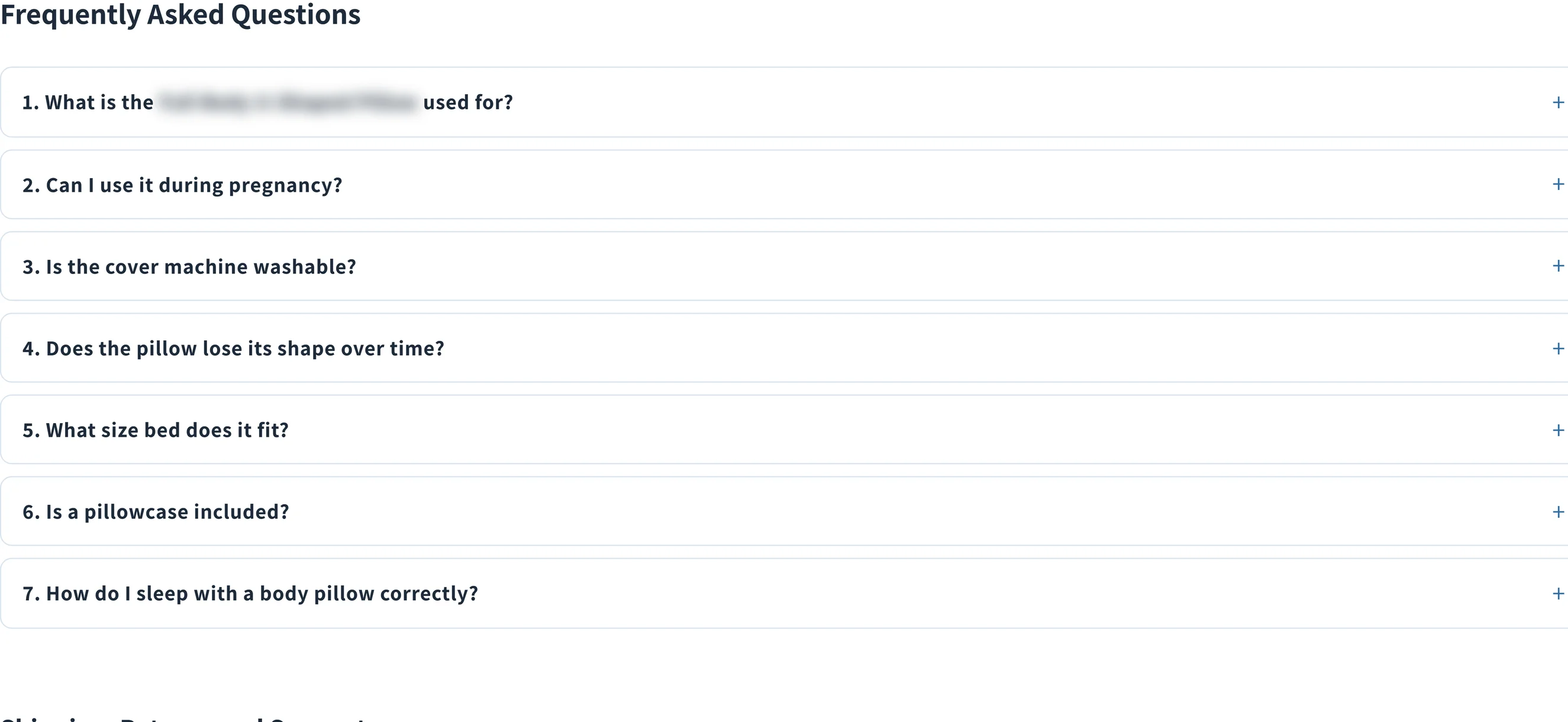 Live FAQ block on a rewritten product page: seven numbered plain question accordion rows, product name masked.