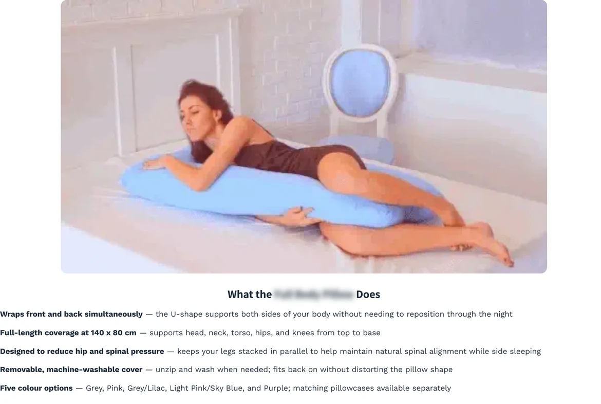 The same product page live today: intro, product photo and structured sections covering what the product does and what you will feel, product name masked.