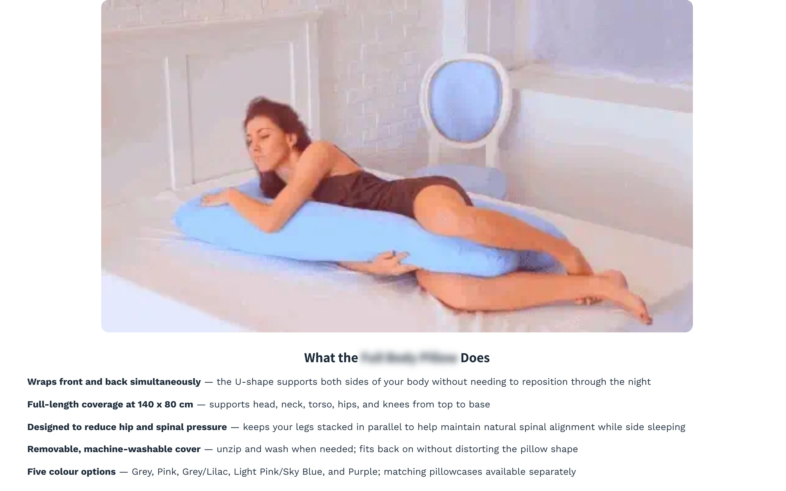 The same product page live today: intro, product photo and structured sections covering what the product does and what you will feel, product name masked.