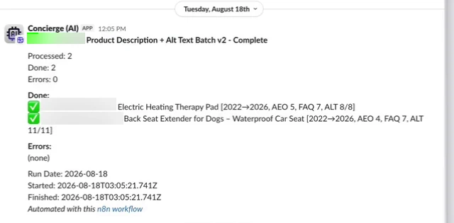 The workflow's completion report in the client's Slack channel: Processed 2, Done 2, Errors 0, per product telemetry lines and run timestamps, client, store and staff names masked.