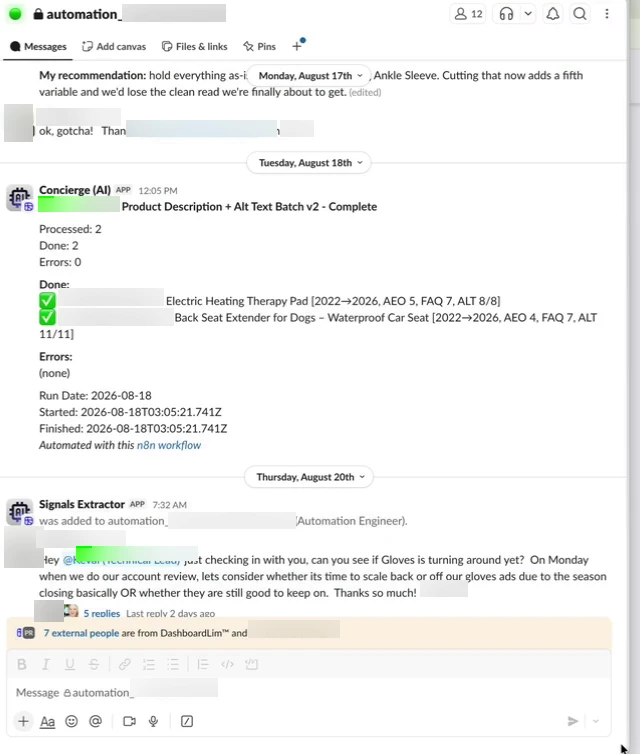 The workflow's completion report in the client's Slack channel: Processed 2, Done 2, Errors 0, per product telemetry lines and run timestamps, client, store and staff names masked.