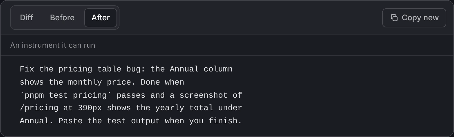 The change 03 card on its After view: fix the Annual column bug; done when pnpm test pricing passes and a 390px screenshot of /pricing shows the yearly total under Annual; paste the test output when you finish.