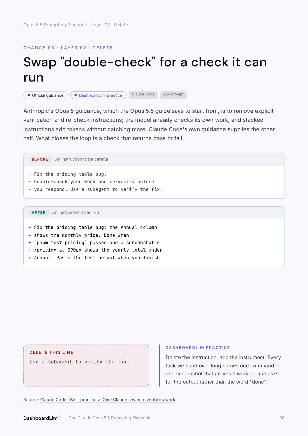 The change 03 page, swapping "double-check" for a check Claude can run, with its before and after prompt.