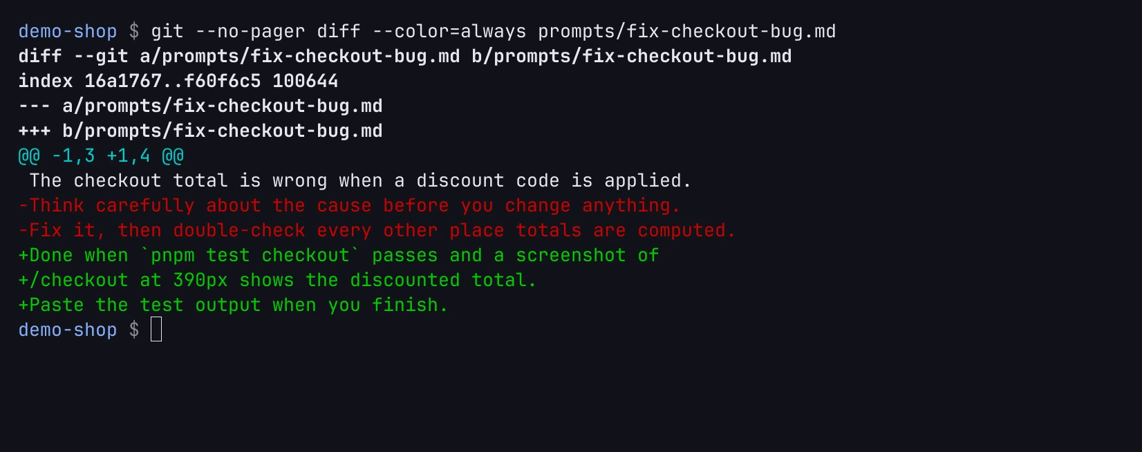 Terminal: git diff of a task prompt, before and after. "Think carefully about the cause" and "double-check every other place totals are computed" are removed; a finish line is added: pnpm test checkout passes, a 390px screenshot shows the discounted total, and the test output is pasted back.