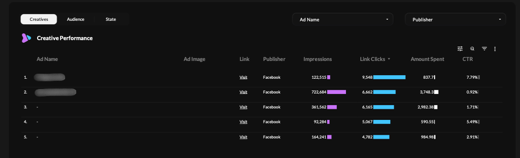 The Creative Performance table. Tabs for Creatives, Audience and State, with Creatives selected, sit above filters for Ad Name and Publisher. The table lists ads on rows with Ad Name, Ad Image, Link, Publisher, Impressions, Link Clicks, Amount Spent and CTR, sorted by Link Clicks. The top row shows 122,515 impressions, 9,548 link clicks, 837.7 spent and a 7.79% CTR. The second row shows 722,684 impressions, 6,662 link clicks, 3,748.3 spent and a 0.92% CTR.