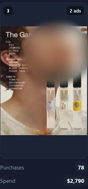 Rank 3 on the purchases board. A product image titled The Garden, with three vials in front of a person drinking, badged 2 ads, with 78 purchases on $2,790 of spend.