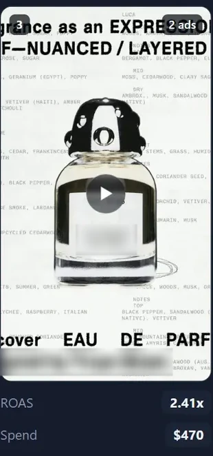 Rank 3 on the ROAS board. A video still set in type around a perfume bottle, badged 2 ads, returning 2.41x on $470 of spend.