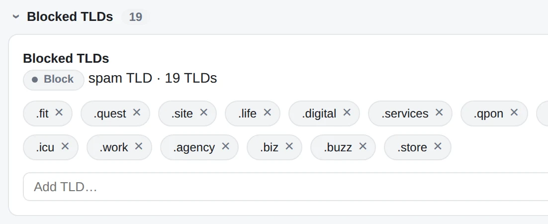 The filter rules tab, showing 255 rules all active across eight groups, with the blocked top level domain group open on nineteen editable chips.
